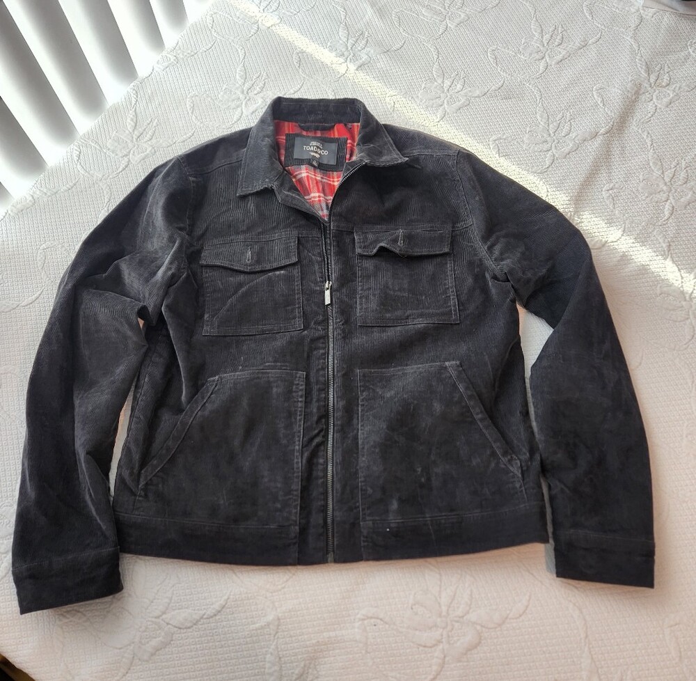 Toad&Co Grey Corduroy Zip Shirt Jacket with Red Plaid Lining